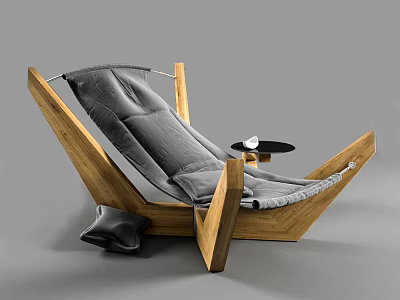 Modern Lounge Chair With Wooden Frame Gray Padded Cushion and Small Round Side Table 3d model