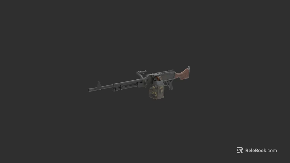 Military Machine Gun With Long Barrel Wooden Stock And Detachable Magazine 3d model 