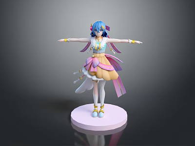 Anime Character Figure With Blue Hair And Pink White Outfit On Pink Base 3d model