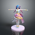 Anime Character Figure With Blue Hair And Pink White Outfit On Pink Base