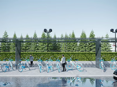 Canopy Covered Bicycle Parking Area With Trees Streetlights And People 3d model