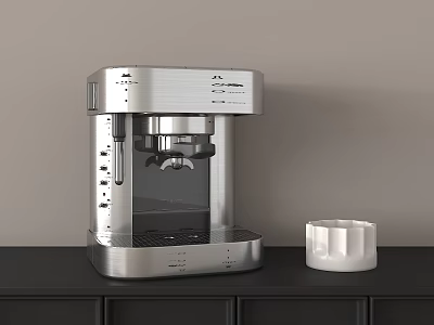 Cafe Counter Featuring Stainless Steel Coffee Machine And White Cup On Black Countertop 3d model