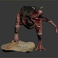 Red Dinosaur Model With Green And Black Patterns Standing On Rock Open Mouth