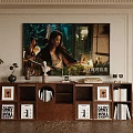 Stylish Wooden TV Stand With Flat Screen TV Books Picture Frames And Decorative Plant