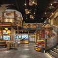 Warm Traditional Restaurant Interior With Wooden Structures Hanging Lanterns Green Plants And Seating Area