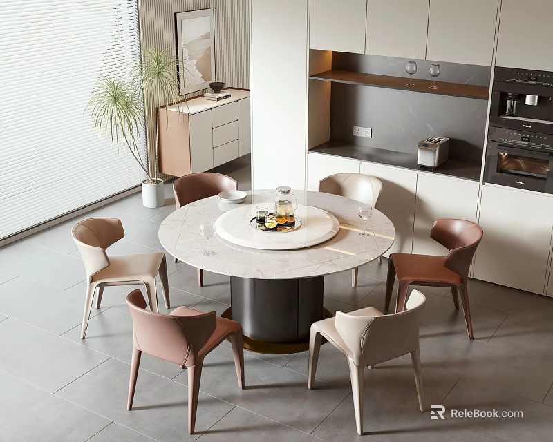 Modern Dining Table Set Round Marble Top Black Base Six Chairs Contemporary Kitchen 3d model