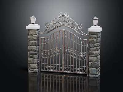 Wrought Iron Entrance Gate With Stone Pillars And Ornate Lamps On Top 3d model