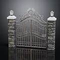 Wrought Iron Entrance Gate With Stone Pillars And Ornate Lamps On Top