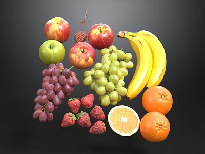 Colorful Fresh Ripe Fruits Assortment Including Apples Bananas Grapes Strawberries Oranges 3d model