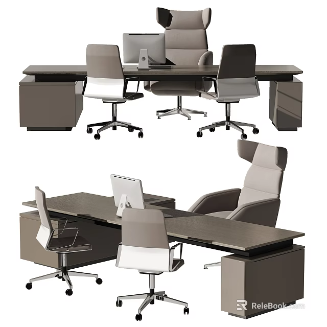 Modern Office Desk Setup With Ergonomic Chairs Computer Monitor And Storage Drawers 3d model 