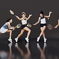Four Women Playing Tennis in Dynamic Poses With Rackets and Sportswear