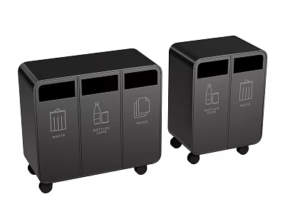 Black Multi Compartment Recycling Bins With Wheels And Waste Sorting Icons 3d model