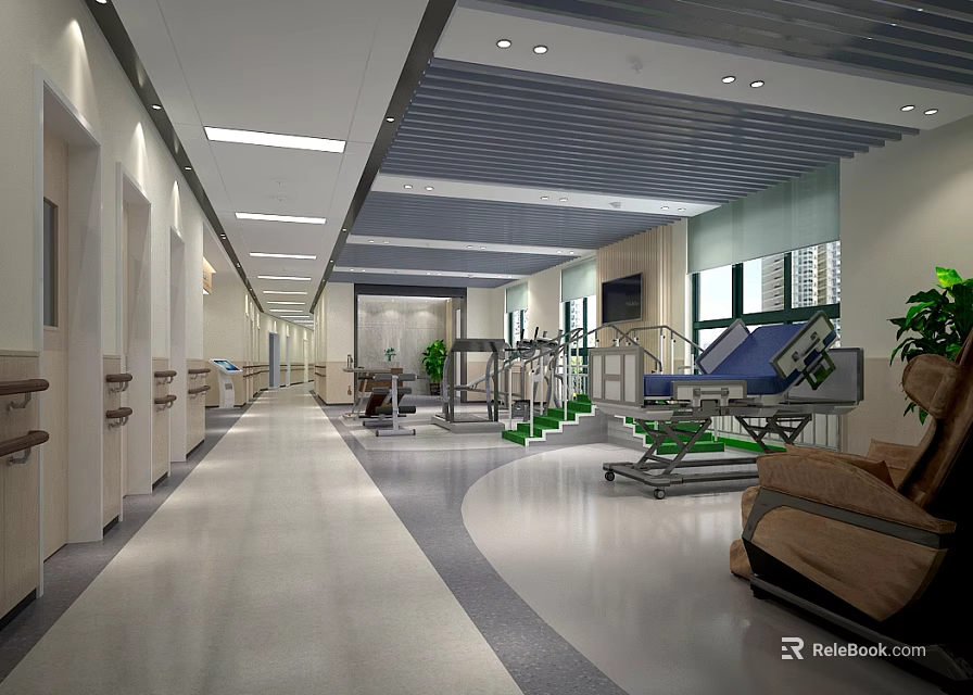 Hospital Rehabilitation Corridor With Medical Equipment Treatment Beds And Green Plants 3d model 