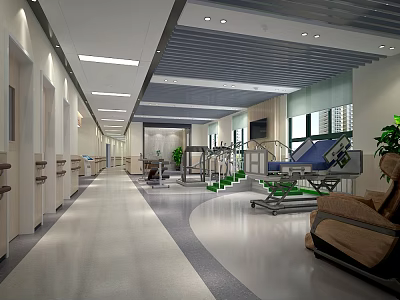 Hospital Rehabilitation Corridor With Medical Equipment Treatment Beds And Green Plants 3d model