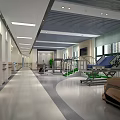 Hospital Rehabilitation Corridor With Medical Equipment Treatment Beds And Green Plants