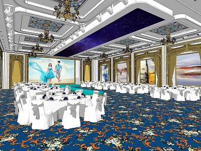 Luxurious Banquet Hall With White Tables Chairs Blue Patterned Carpet Chandeliers Large Screen and Paintings 3d model