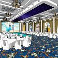 Luxurious Banquet Hall With White Tables Chairs Blue Patterned Carpet Chandeliers Large Screen and Paintings