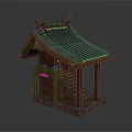 Cartoon Scene Of Traditional Wooden Pavilion With Red Tile Roof Stairs And Railings