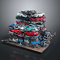 Architectural Sculptural Structure Composed Of Stacked Multicolored Abandoned Cars For Artistic