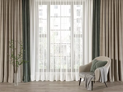 Sheer And Dark Layered Curtains Enhancing Cozy Window Interior With Chair And Green Plant 3d model