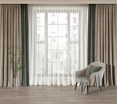 Sheer And Dark Layered Curtains Enhancing Cozy Window Interior With Chair And Green Plant 3d model