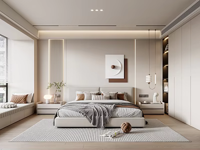 Modern Bedroom Interior Design With Comfortable Bed And Decorative Painting Window Bench And Striped Rug 3d model