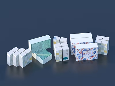 Household Products Packaging Boxes With Various Designs Open And Closed White With Patterns And Text 3d model