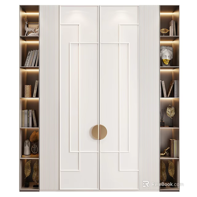 Elegant Modern Bookcase With White Panel Gold Accents And Display Shelves For Books Decorative Items 3d model 