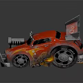 Red Custom Muscle Car With Venom Logo Flame Graphics Exposed Engine And Wheel Flames