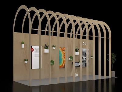 Modern Wooden Exhibition Island With Arched Structure And Green Plants Display Design 3d model