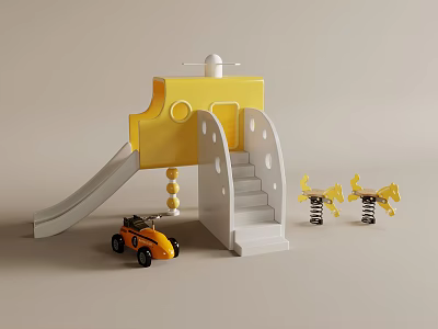 Fun Playground With Yellow Play Structure Slide White Stairs Spring Riders And Orange Toy Car 3d model