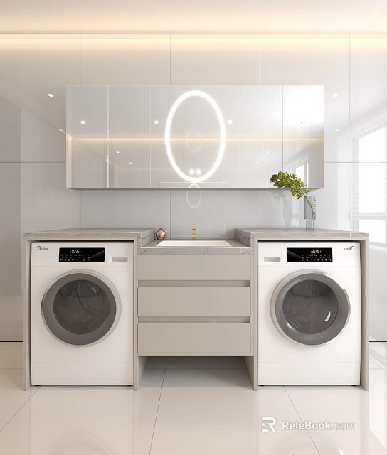 Modern Bathroom Washbasin Featuring Two Washing Machines Marble Countertop And Large Mirror 3d model 