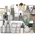 Stylish Bathroom Accessories in Modern Interior With Soap Dispensers Towels and Storage Baskets