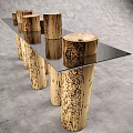Rustic Console Table With Natural Wooden Log Legs And Glass Top Design