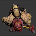 Firefighter In Red Helmet And Firefighting Uniform Holding Yellow Axe Against Gray Background