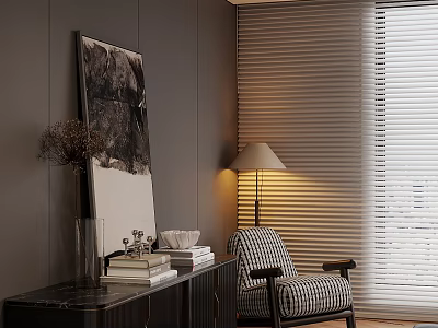 Stylish Decorative Cabinet With Books Vase And Checkered Chair By Floor Lamp And Wall Painting 3d model