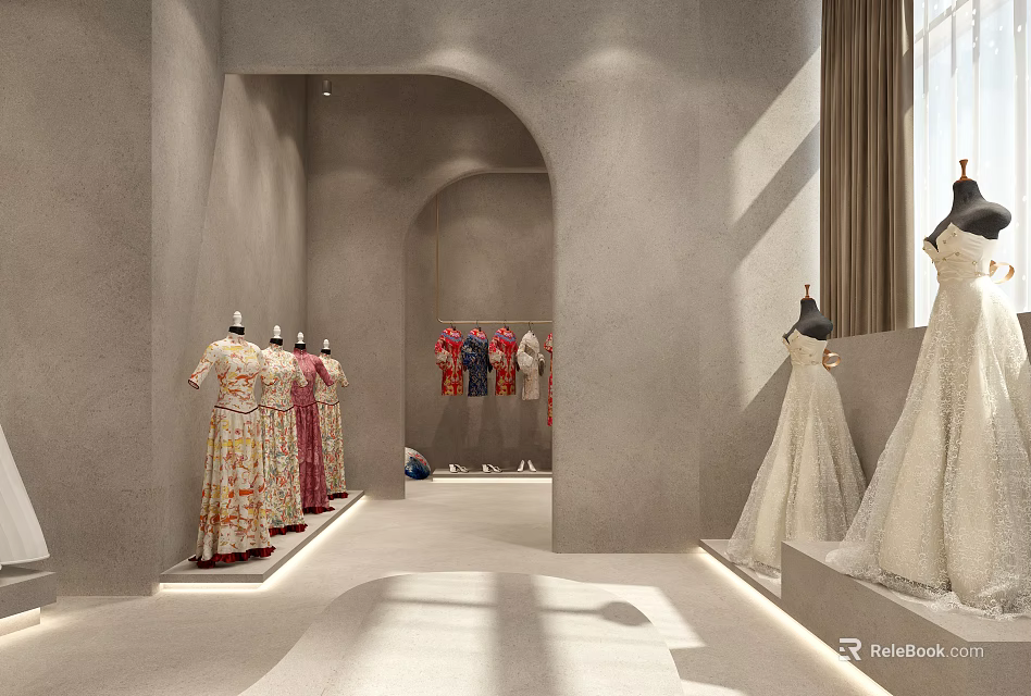 Elegant Bridal Shop Interior With Wedding Dresses On Mannequins And Display Racks 3d model 