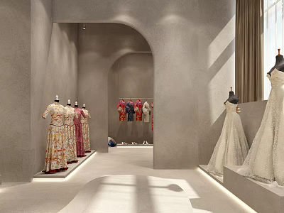 Elegant Bridal Shop Interior With Wedding Dresses On Mannequins And Display Racks 3d model