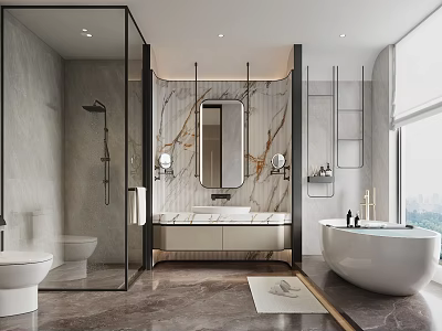 Modern Elegant Bathroom With Glass Shower Marble Vanity Freestanding Bathtub And Wall-Mounted Shelves 3d model