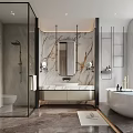 Modern Elegant Bathroom With Glass Shower Marble Vanity Freestanding Bathtub And Wall-Mounted Shelves