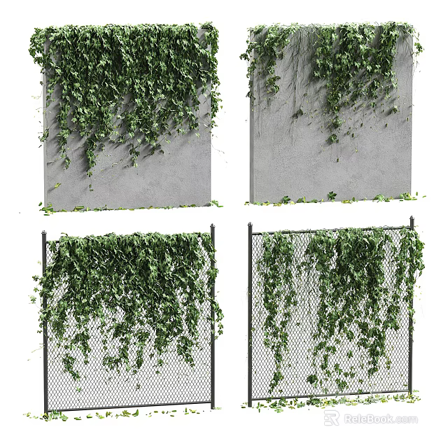 Green Plant Wall With Vines Covering Gray Wall And Metal Mesh Decorative Design 3d model 
