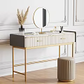 Elegant Dressing Table With Gold Legs Marble Top Round Mirror And Stool 3d model
