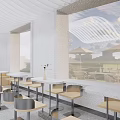 Modern Spacious Cafe Interior With White Curved Ceiling Open Space Tables Chairs And Bar 3d model