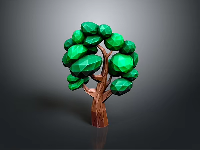 Geometric Tree with Green Polygonal Leaves and Brown Trunk in Low Poly Design 3d model