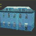 Cartoon Scene Of Two Story Blue House With Snow Covered Roof Green Door And Windows