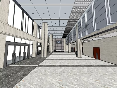 Modern Reception Lobby With Marble Floor Glass Walls And Reception Desk 3d model