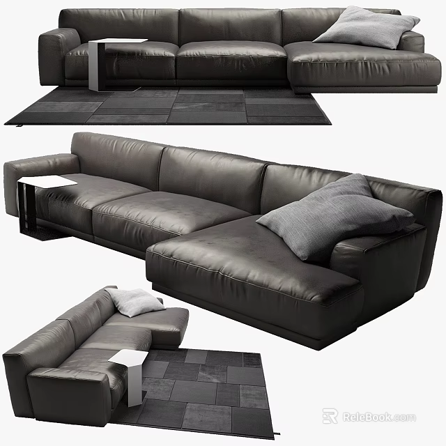 Leather Sectional Sofa With Grey Pillow Side Table And Dark Rug 3d model 