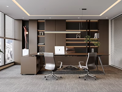 Modern Office Interior With Large Desk Ergonomic Chairs Computer Wooden Shelves Potted Plant And Blinds 3d model