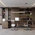 Modern Office Interior With Large Desk Ergonomic Chairs Computer Wooden Shelves Potted Plant And Blinds
