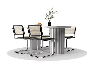 Modern Round Dining Table Set With Ribbed Design And Metal Frame Woven Seats 3d model